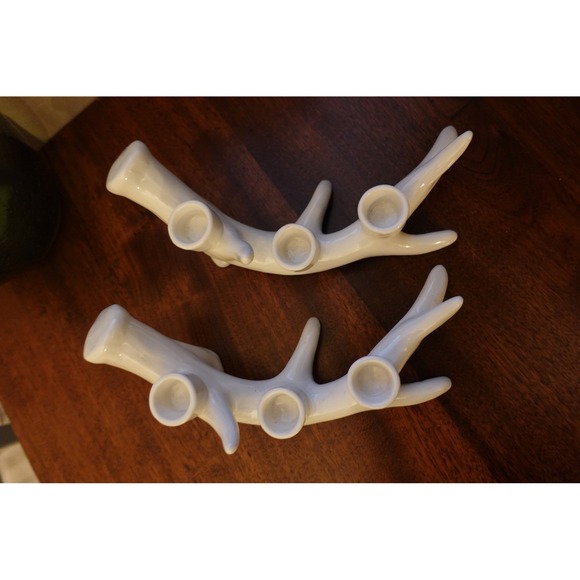 antlers minimalist white ceramic 3 candlestick holder set of 2 - Picture 4 of 5